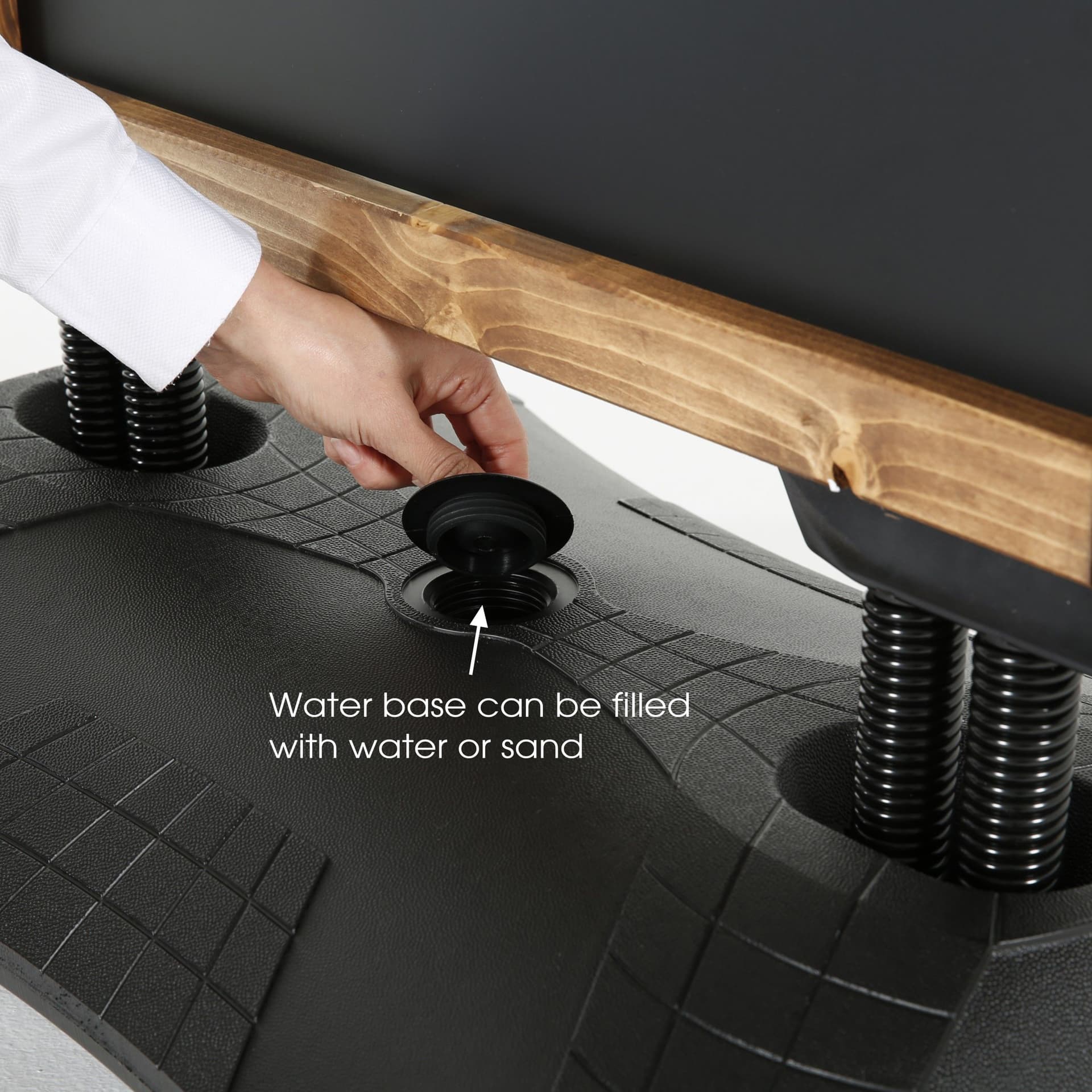Magnetic chalkboard sign features fillable base for water or sand