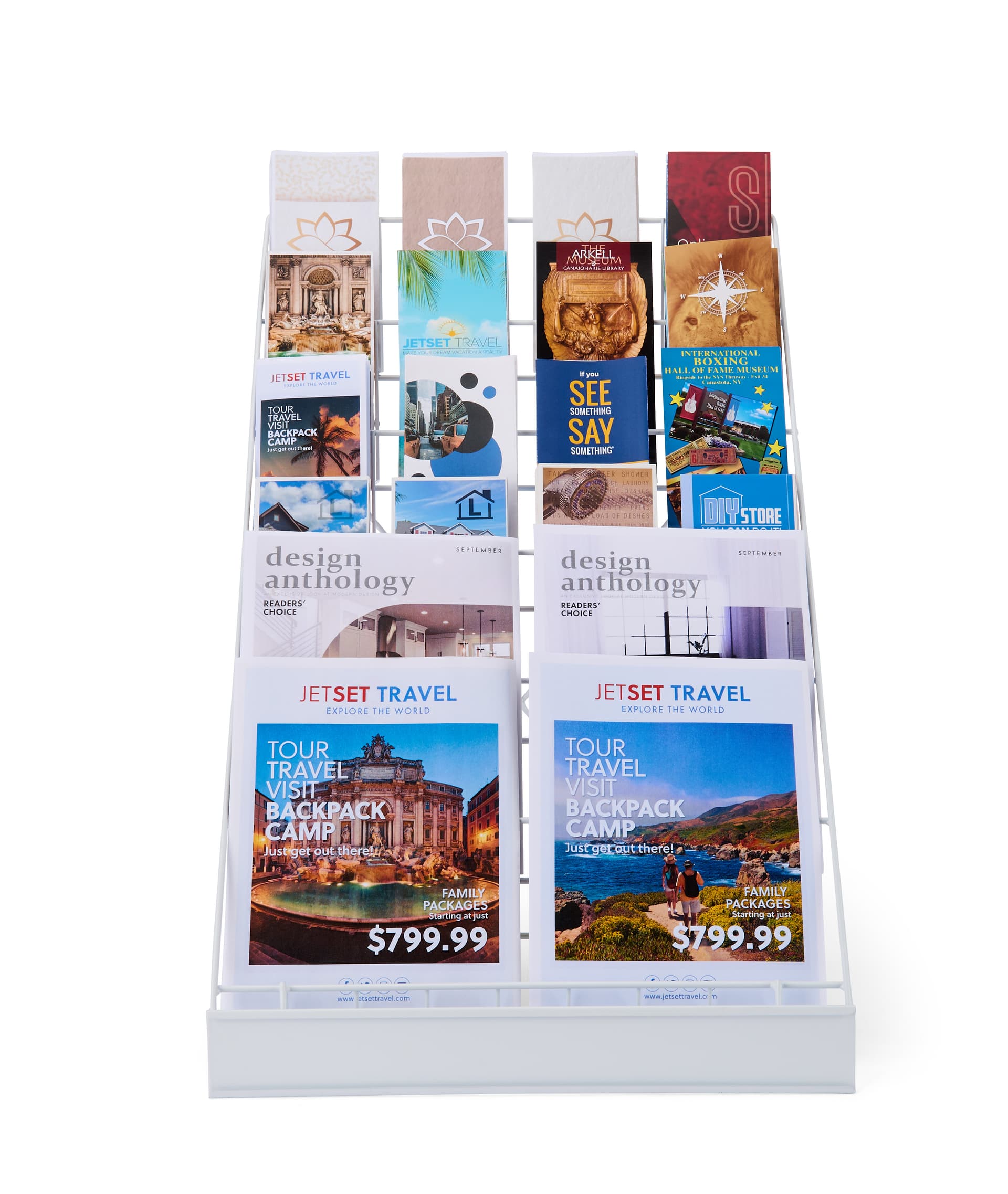 This white magazine rack has 6 rows