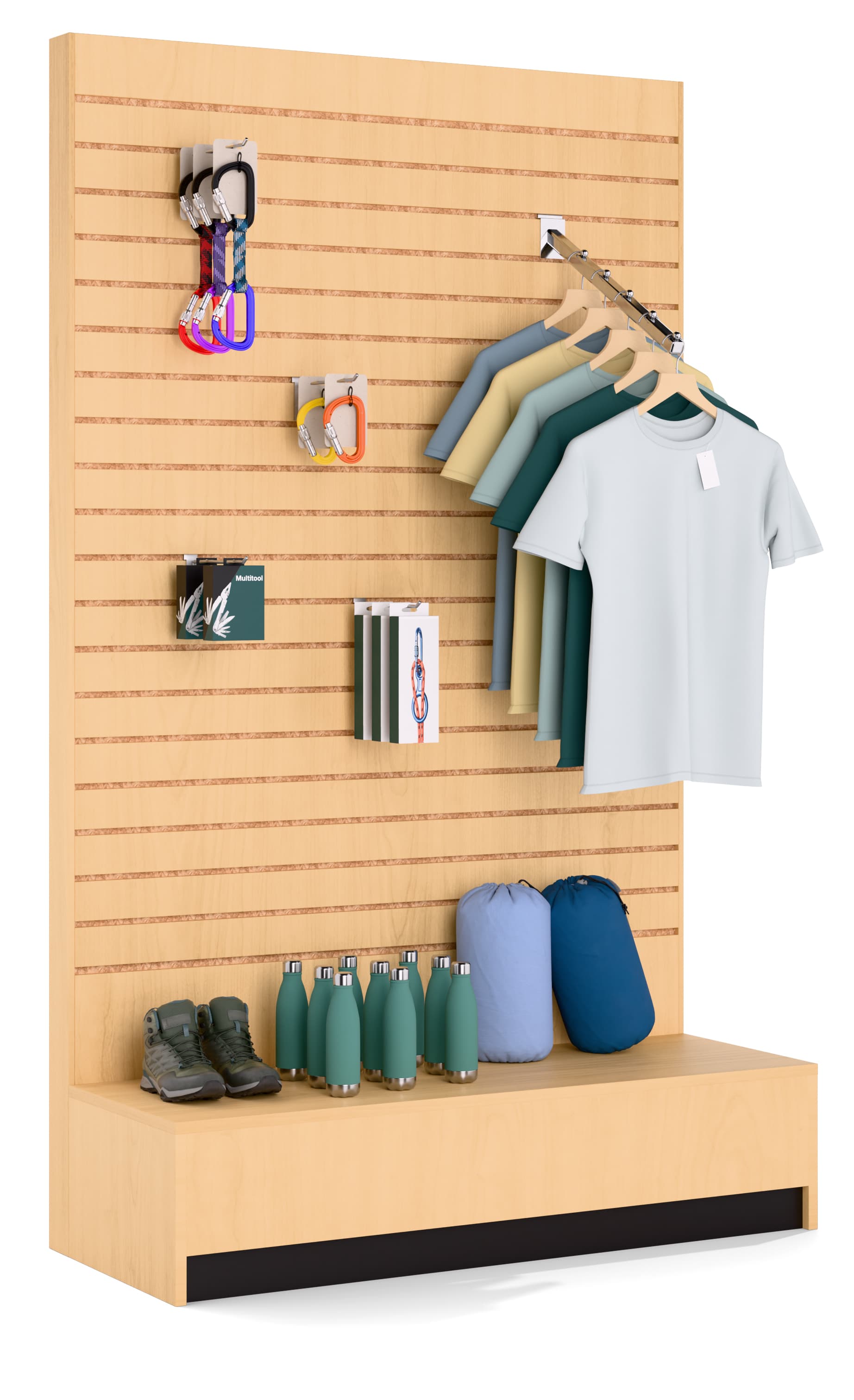 L-shaped slatwall panel display for floor standing placement 