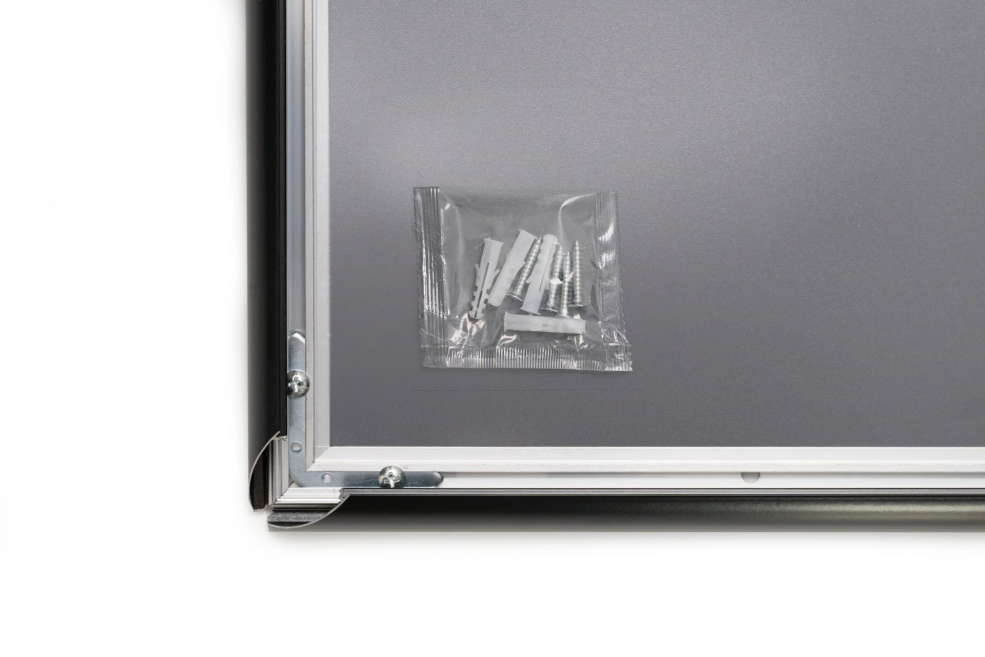 Black aluminum snap frame comes with mounting hardware 