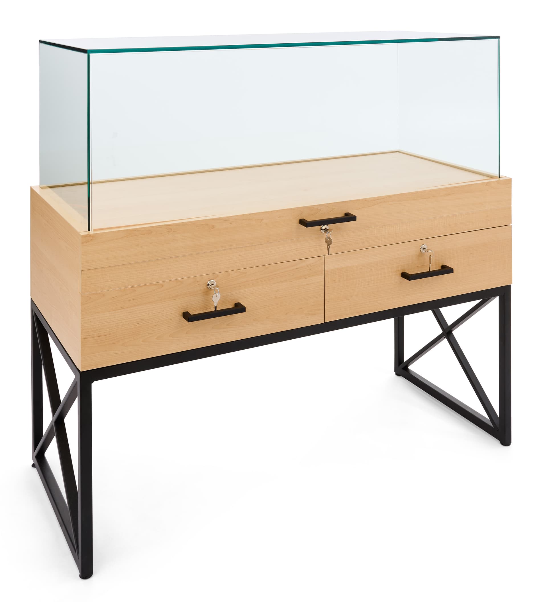 Glass display case with drawers with powder coated steel