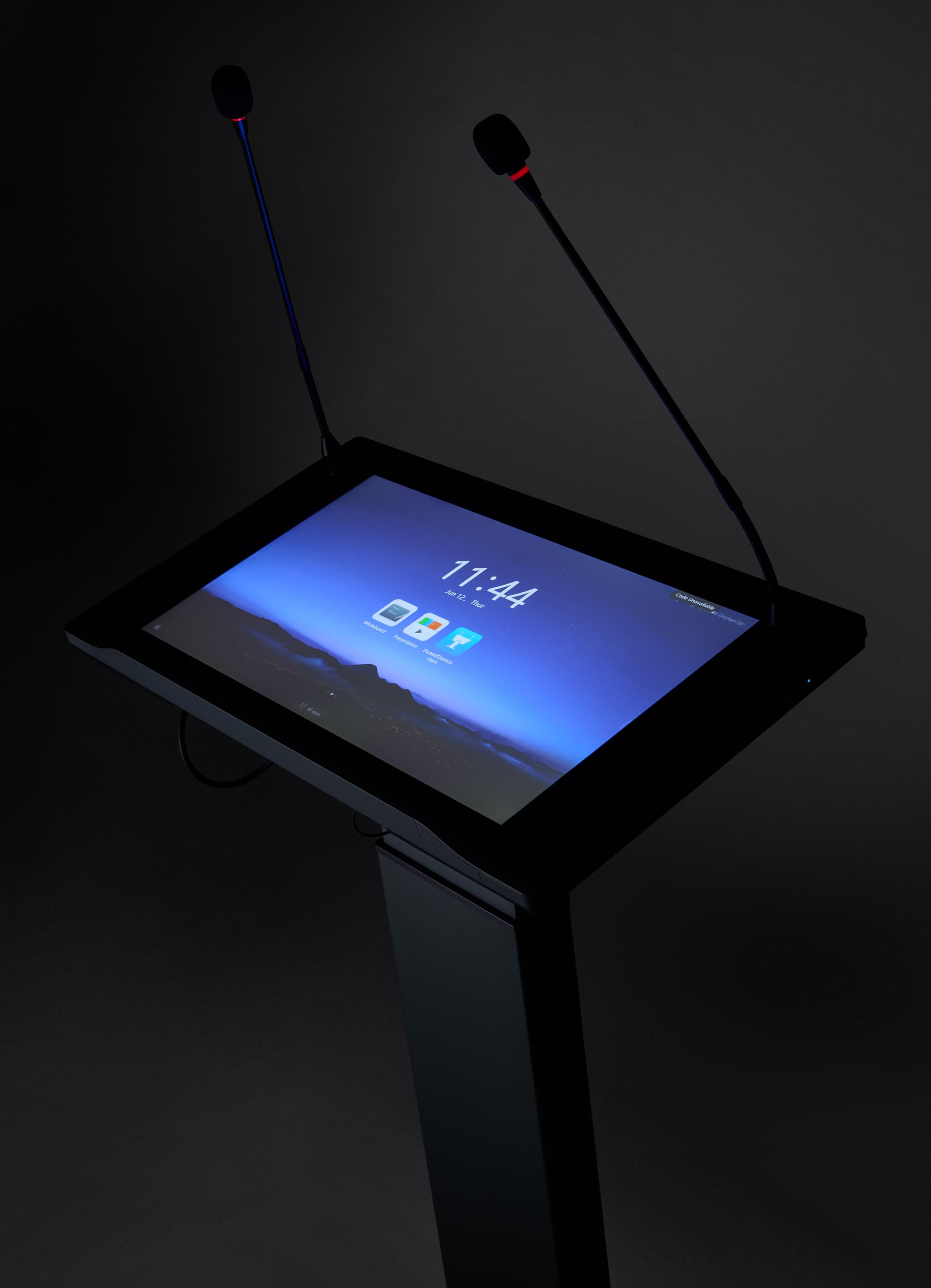 Smart digital podium with red LED indicator lights to know your mic is unmuted