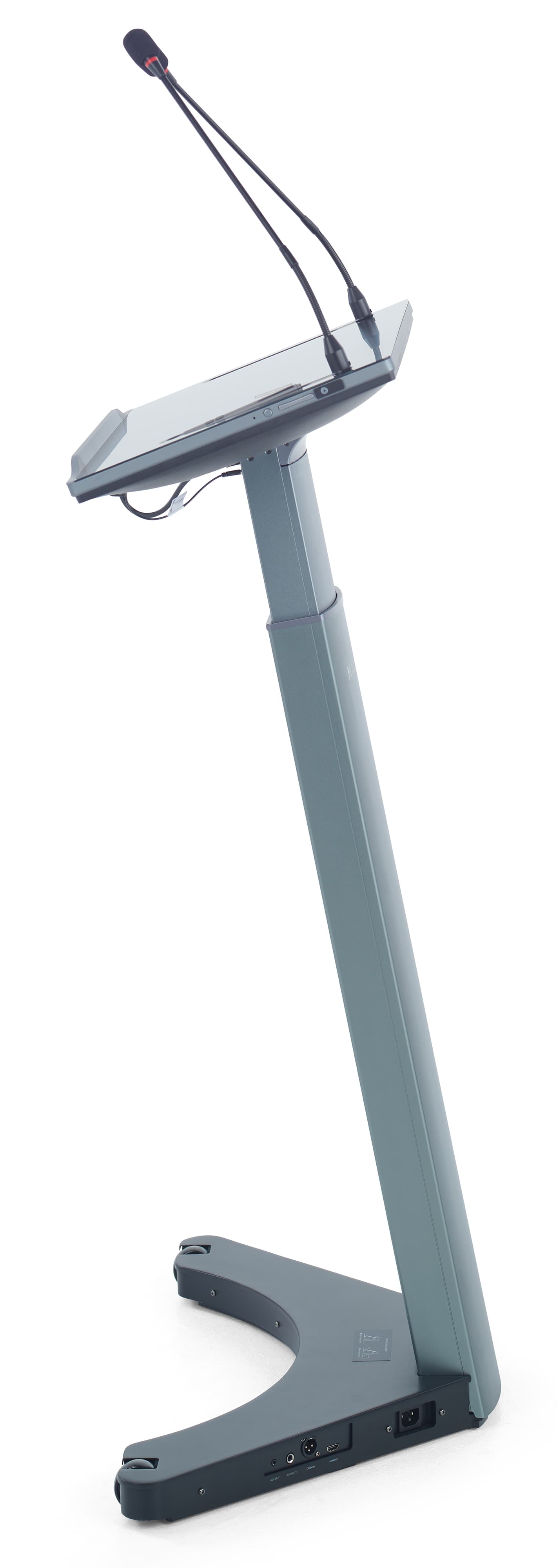 Smart digital podium showcasing its slim side angle