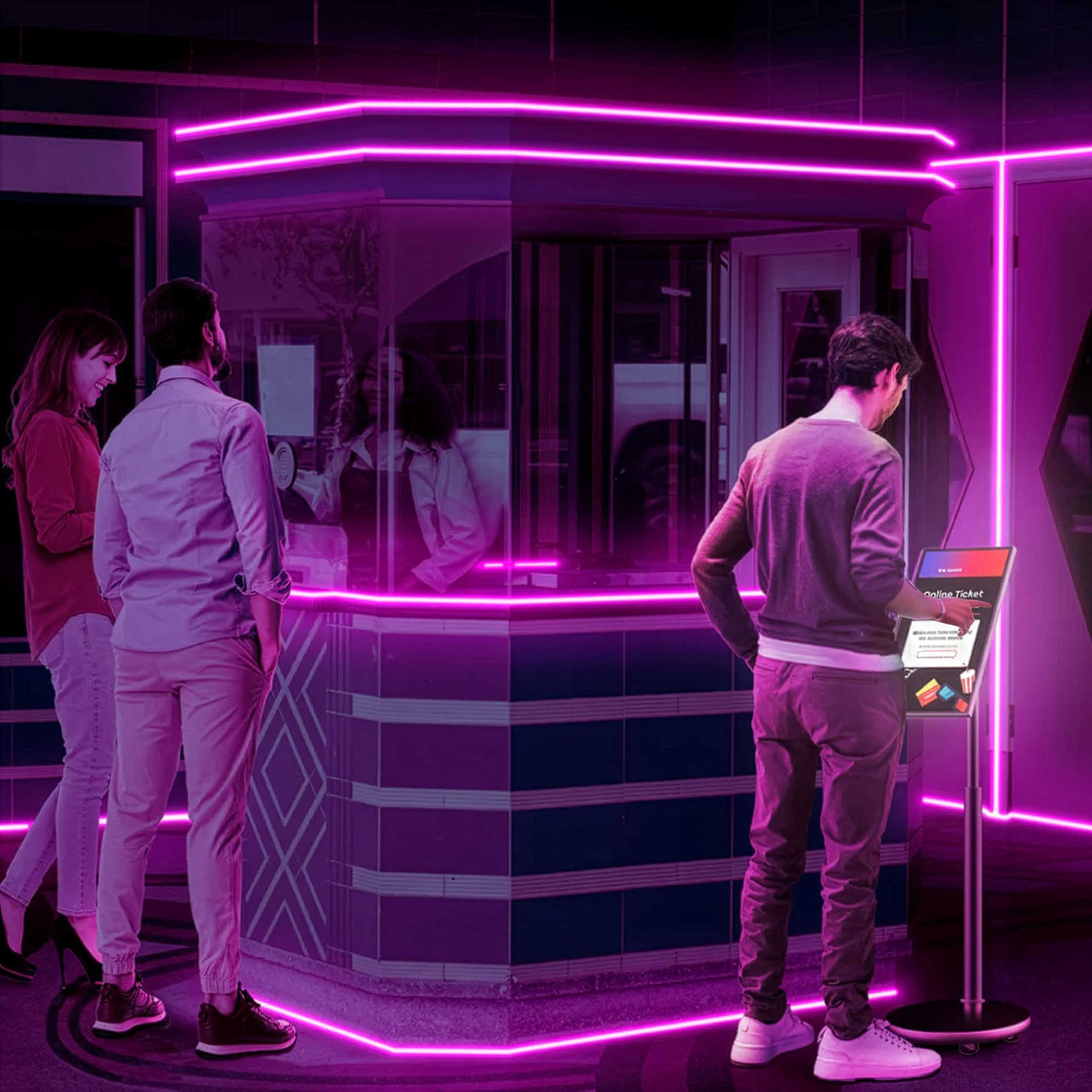 Mobile rechargeable kiosk showcasing someone interacting with this unit as a self service kiosk to get tickets at a theater