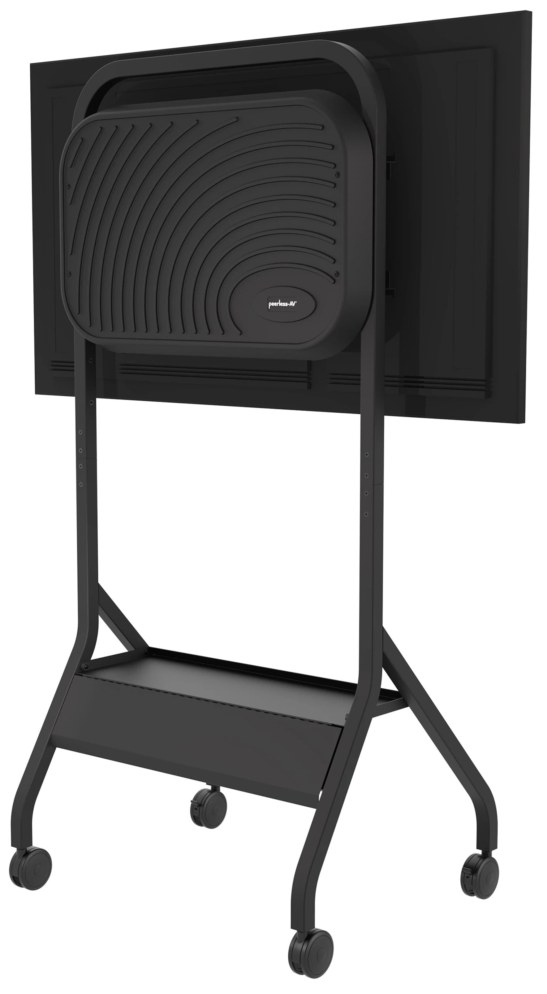 Mobile TV cart showing the back of the unit with a monitor mounted