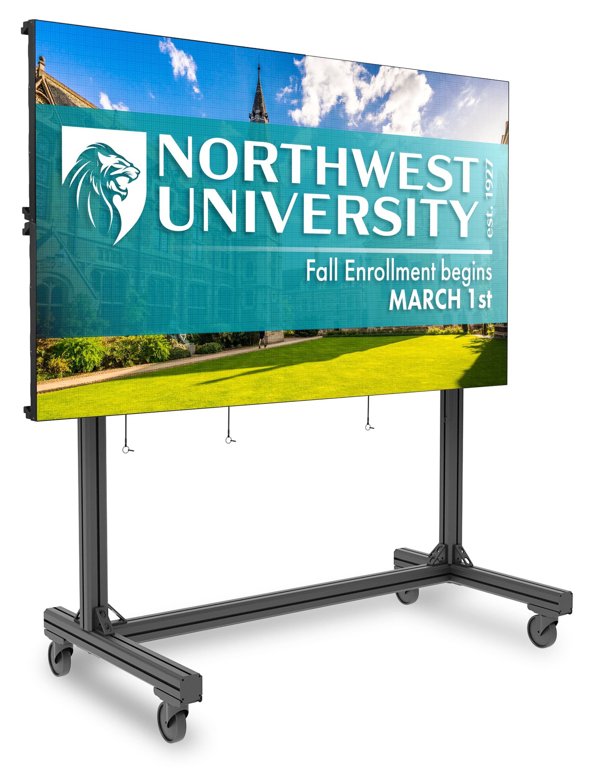 Portable video wall stand supports 200 by 200 and 600 by 400 VESA patterns