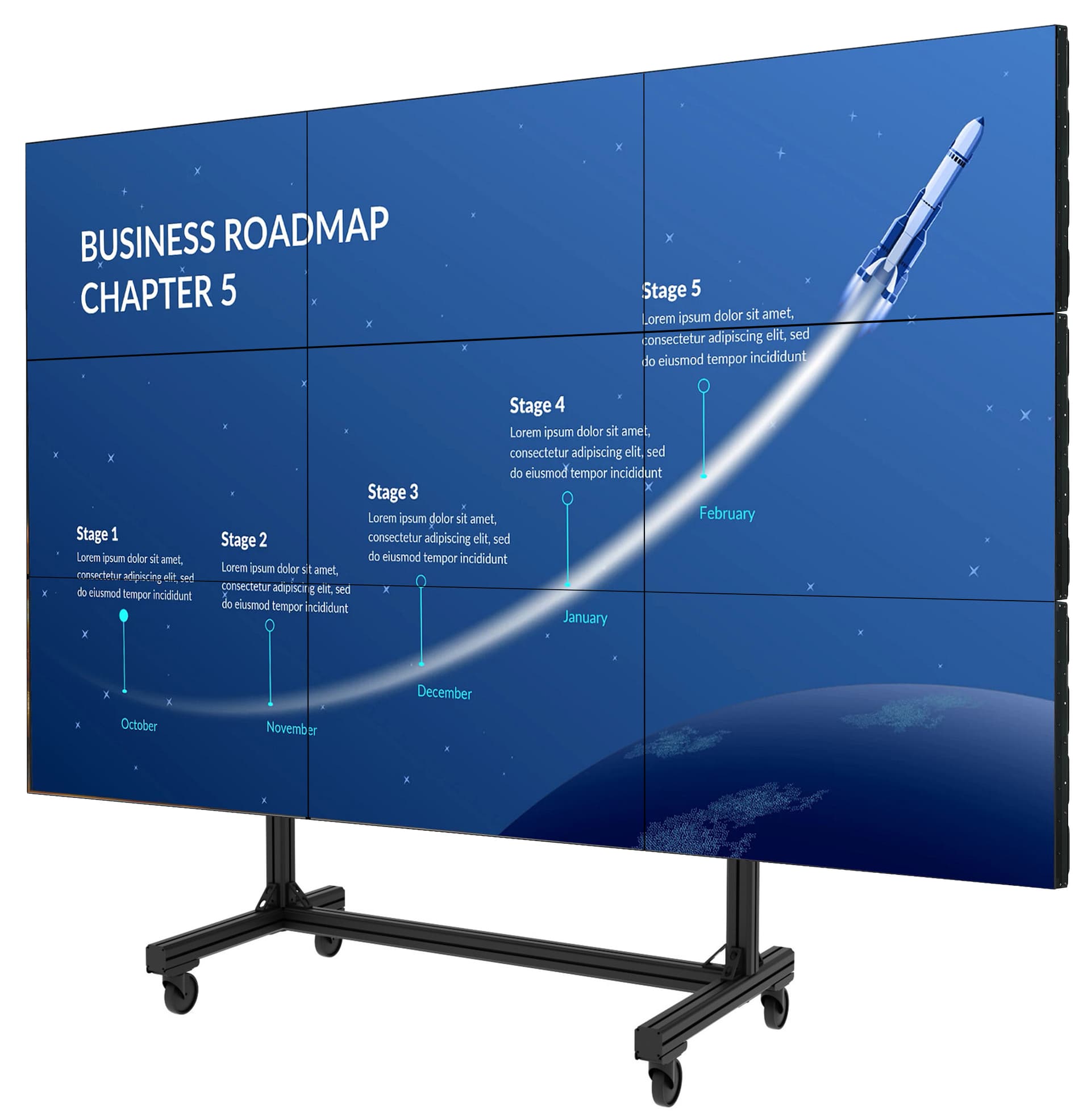 Portable video wall cart showing a three by three video wall set up displaying a corporate road map presentation 