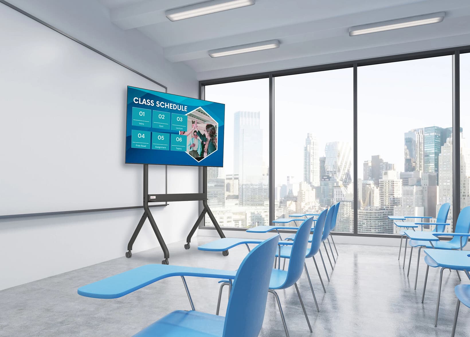 Motorized TV cart being used in a classroom setting