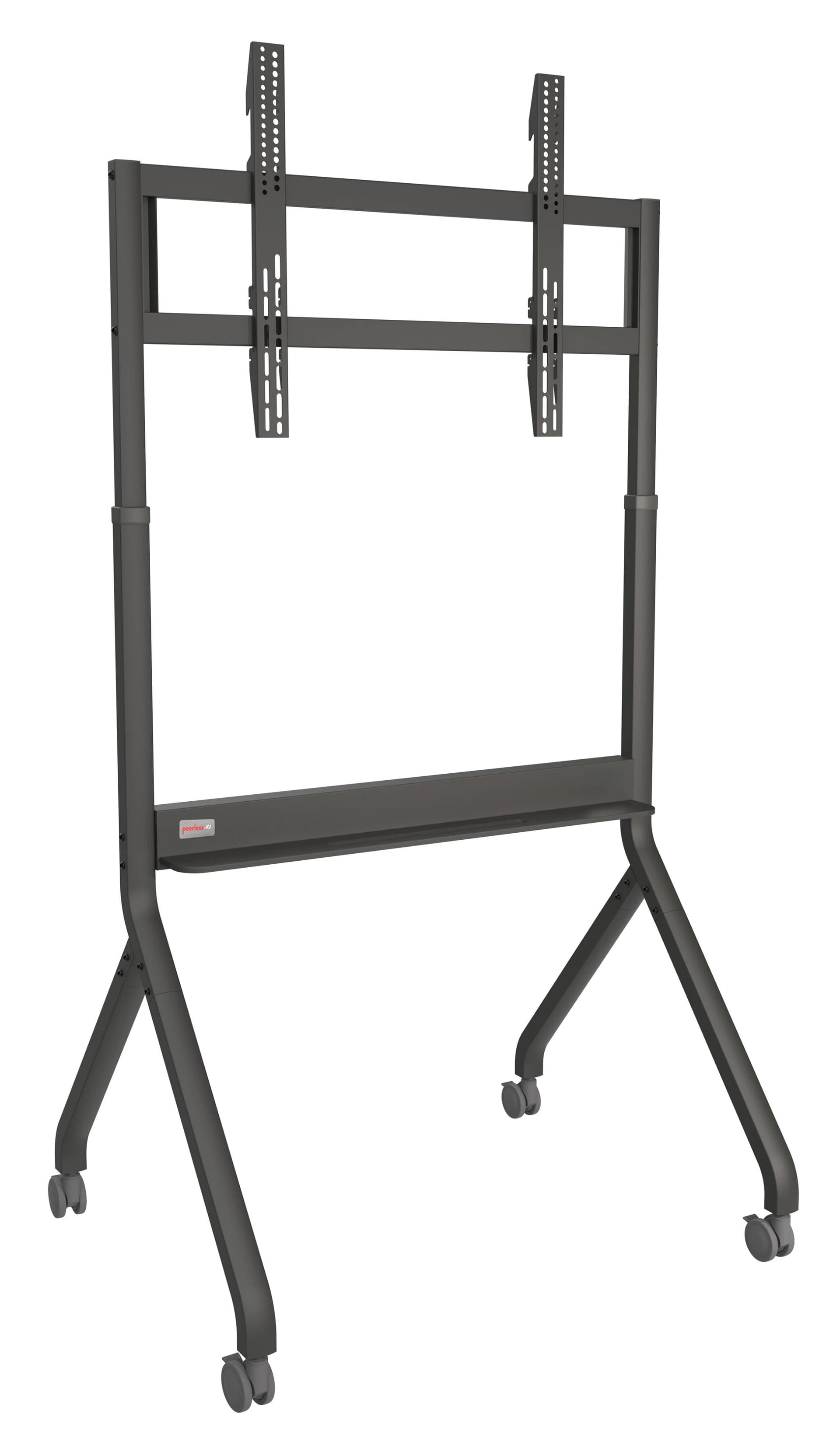 Motorized TV cart with integrated power outlets for easy and mostly wire free setup