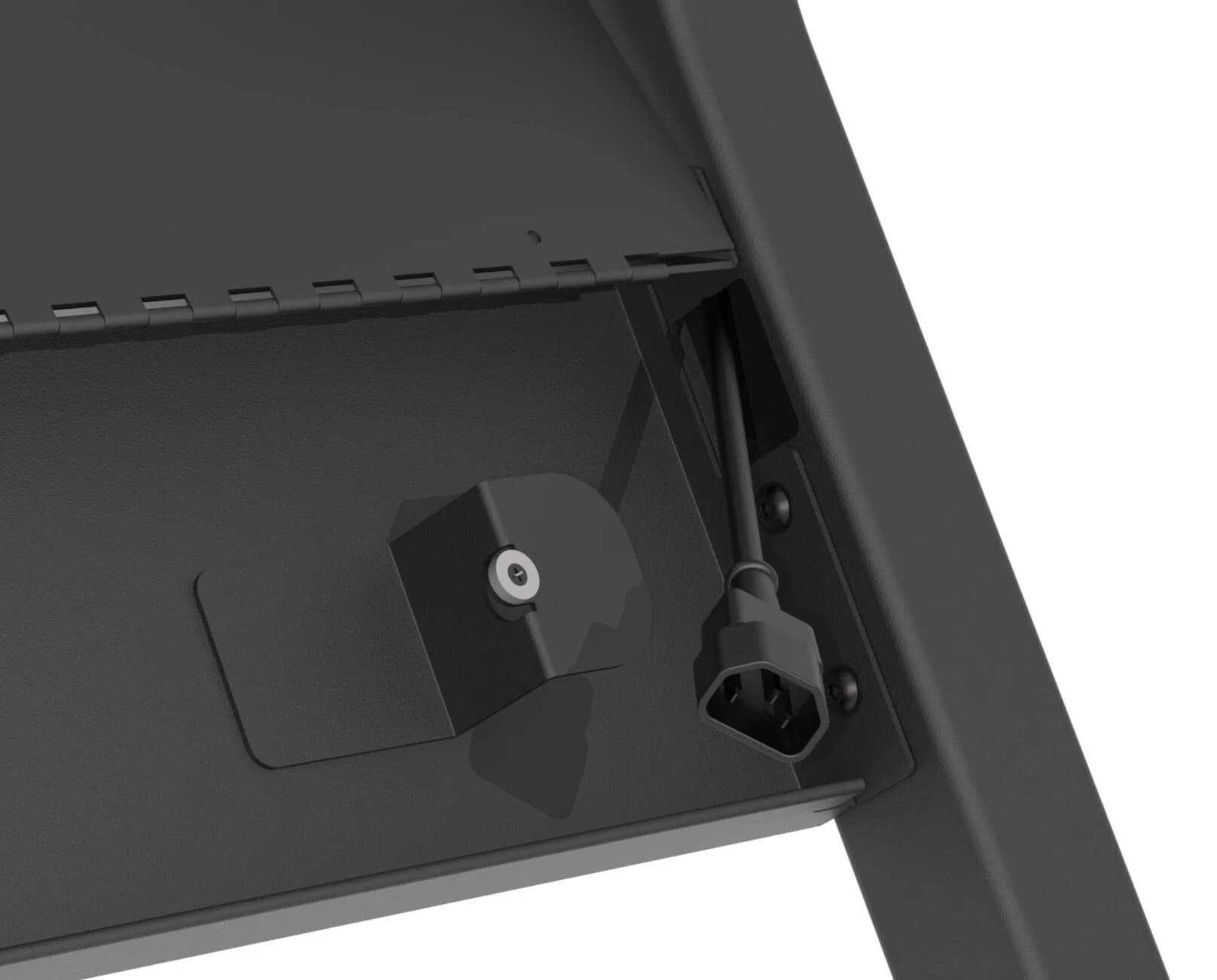 Mobile TV cart has a multitude of wiring channels for a clean presentation
