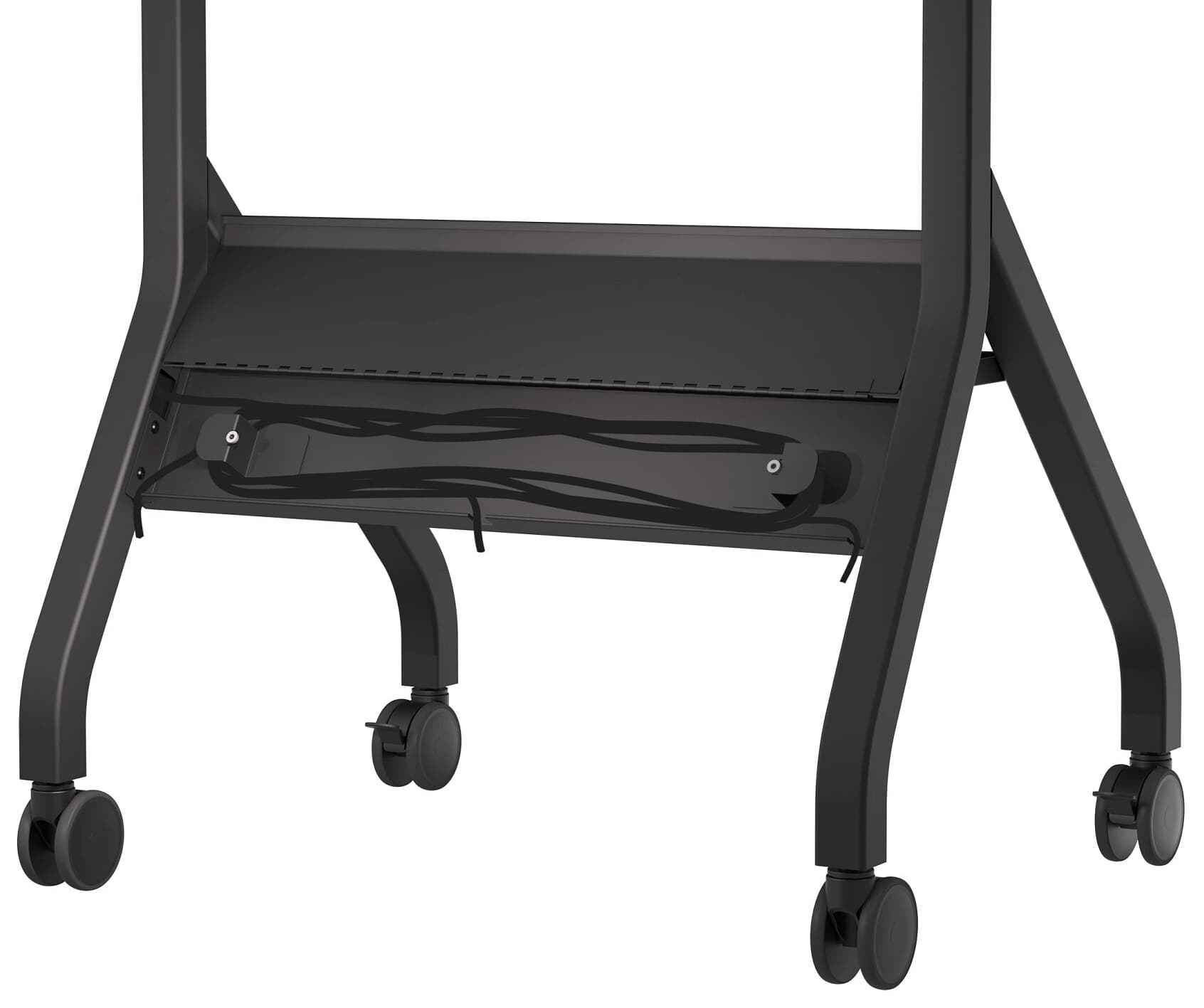 Mobile TV cart has wire channels that can be used to route and hide your power or media wiring without it being an eye sore
