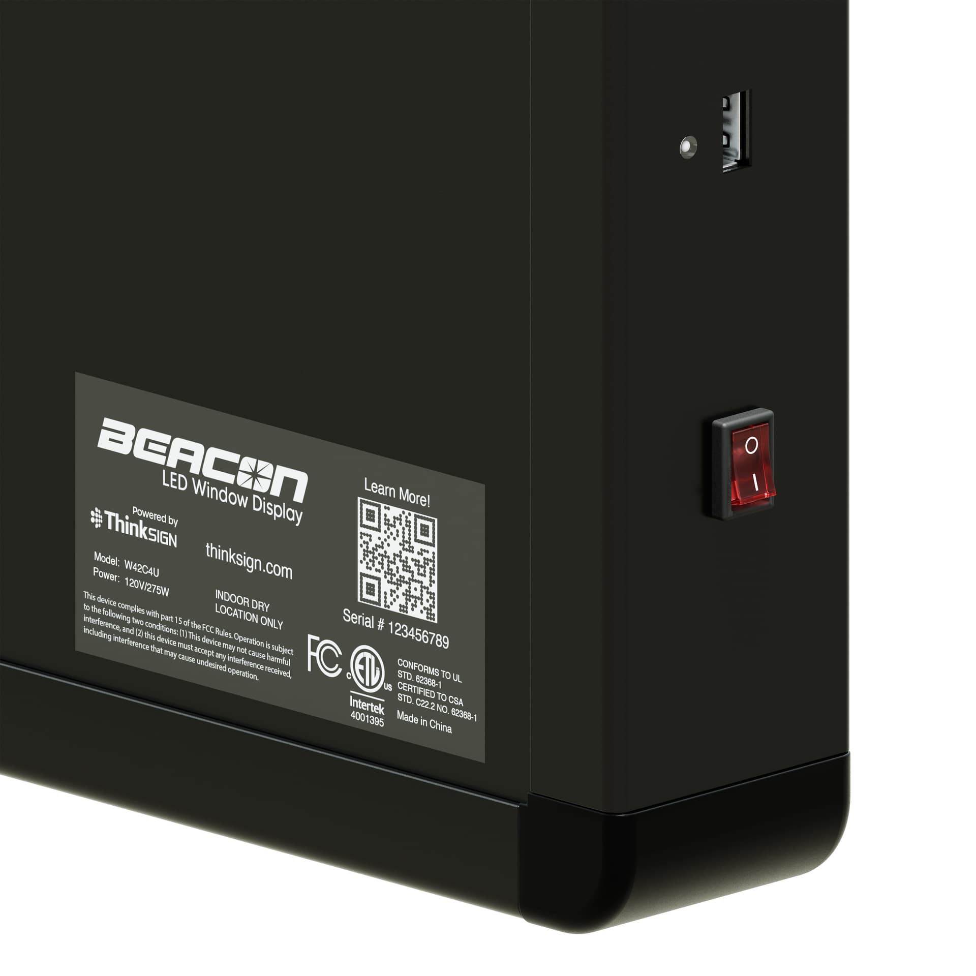ThinkSign LED window sign with a close-up of the power switch and USB port located on the side of the unit