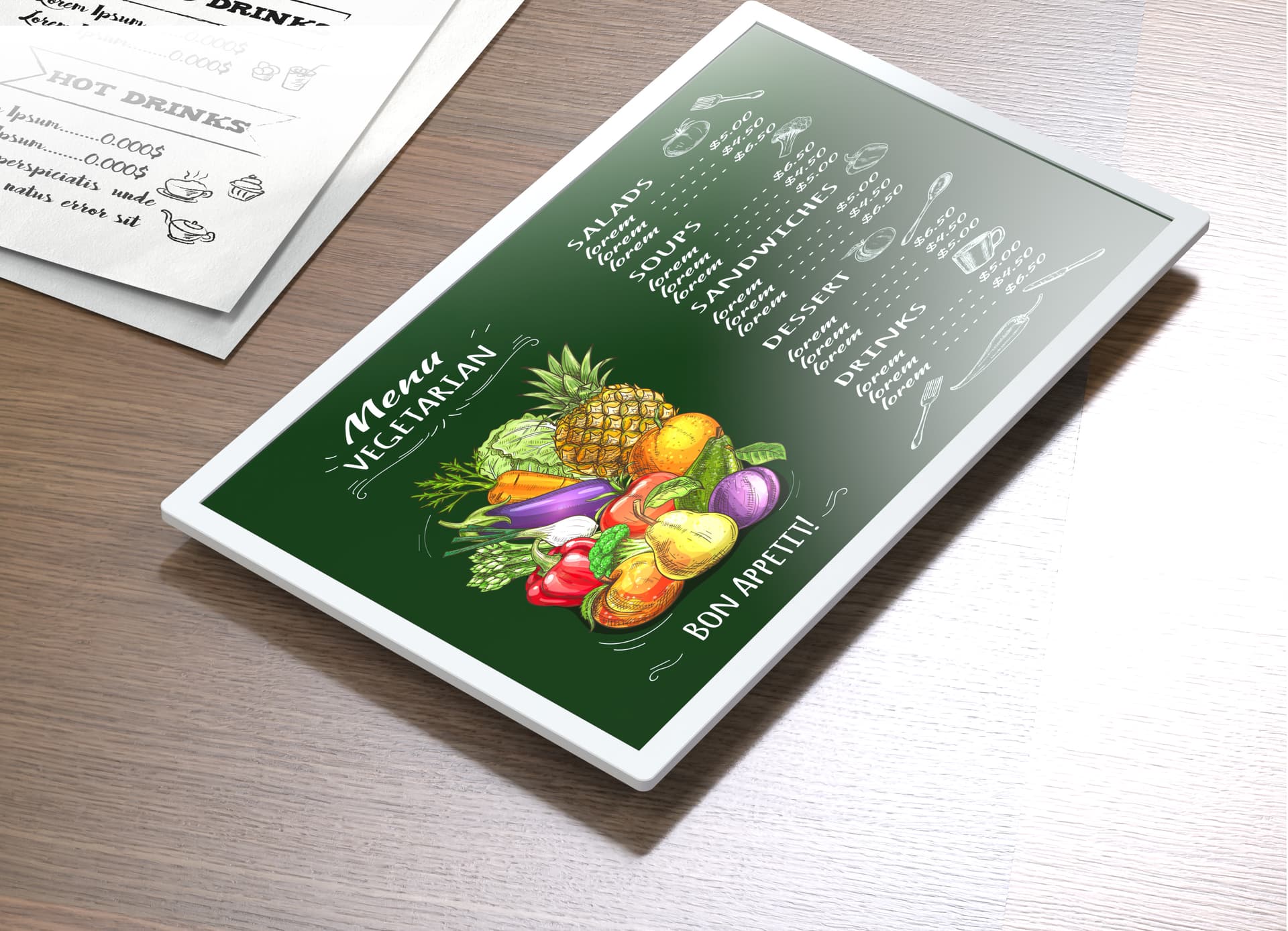 Digital signage ePaper showing a menu graphic