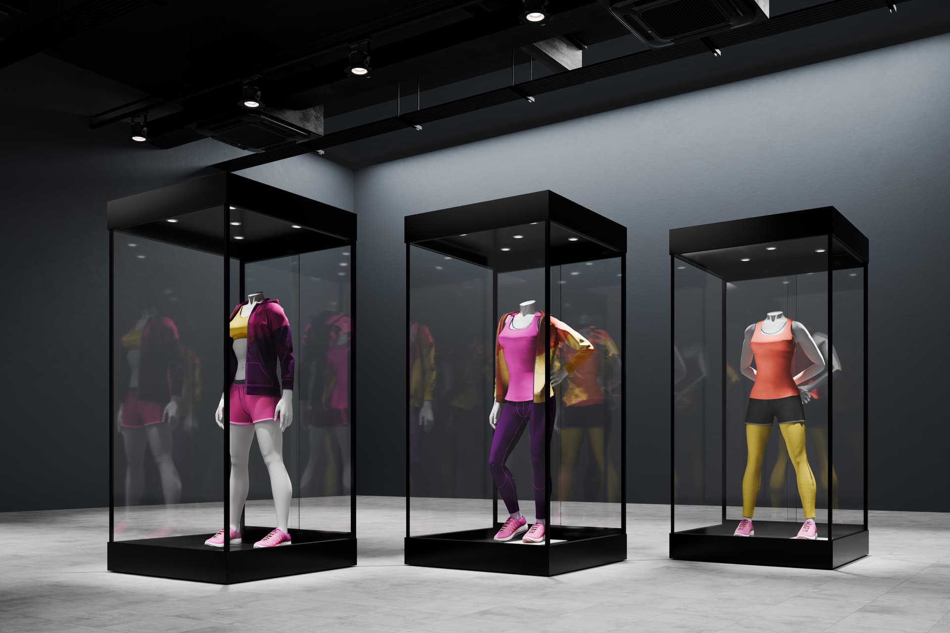 Mannequin display cases showcasing athleisure 