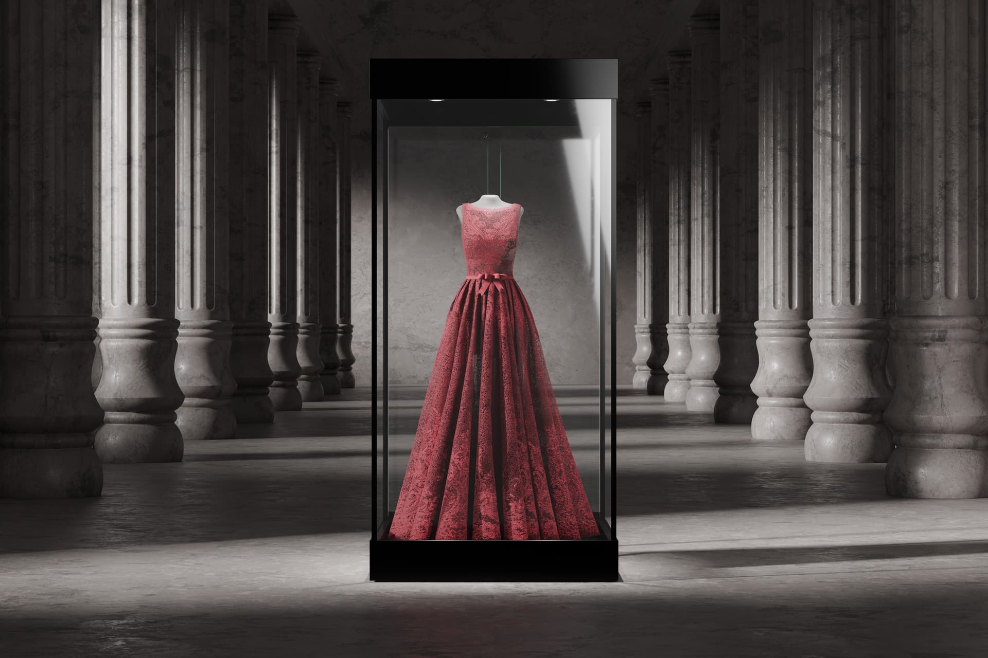 Mannequin display case in gallery setting