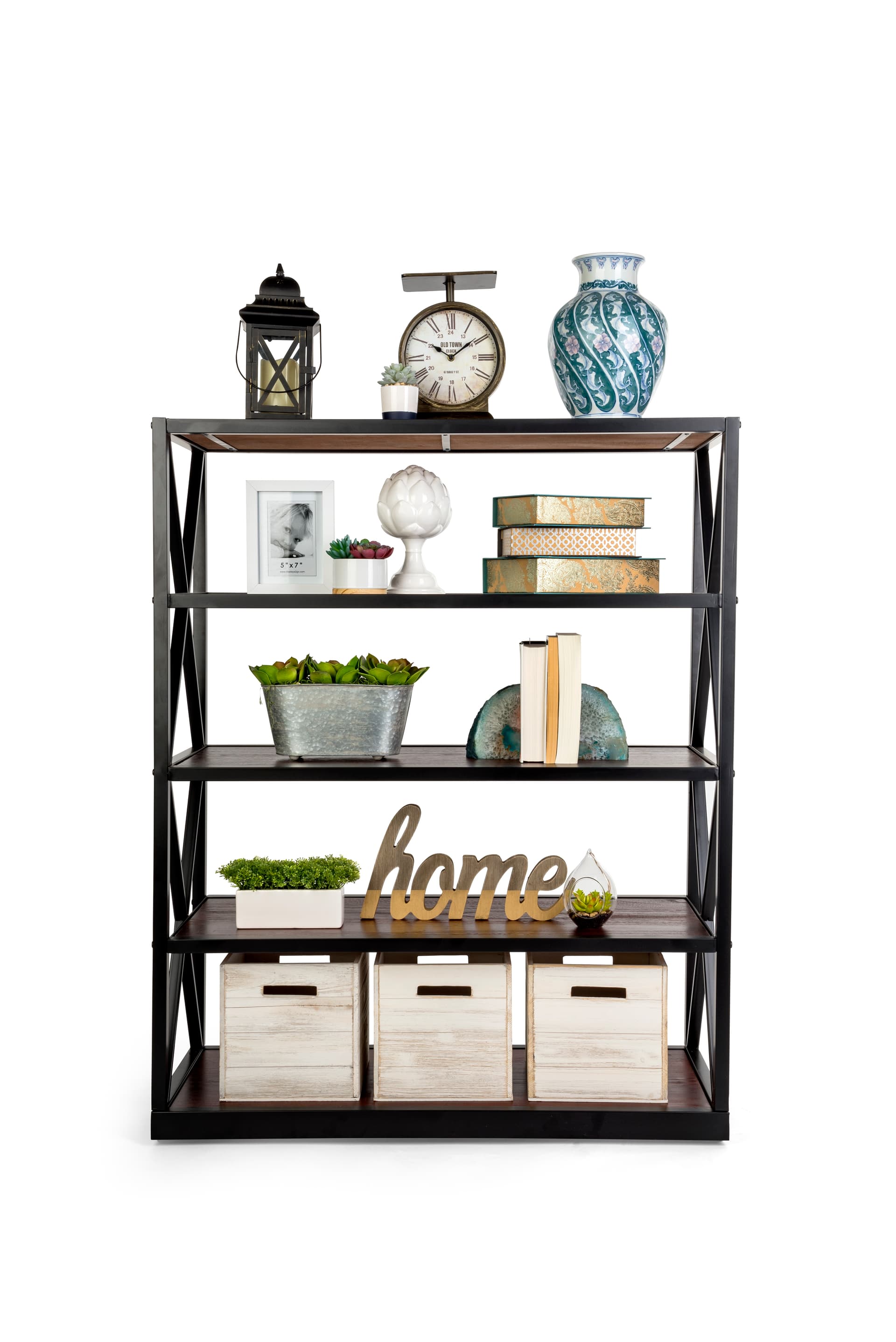 floor standing wood and metal display shelving