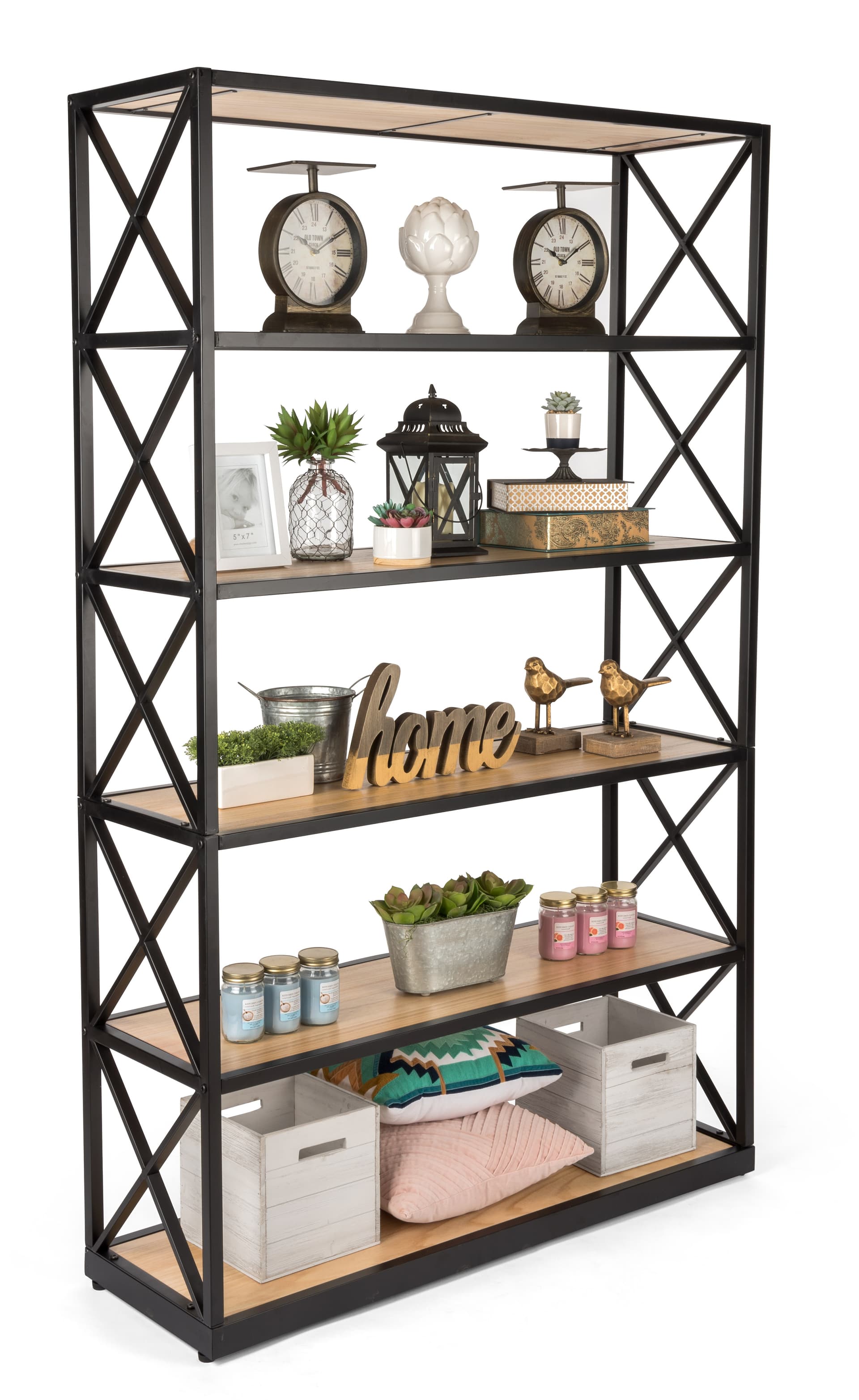Rustic ironworker industrial shelves with natural stain