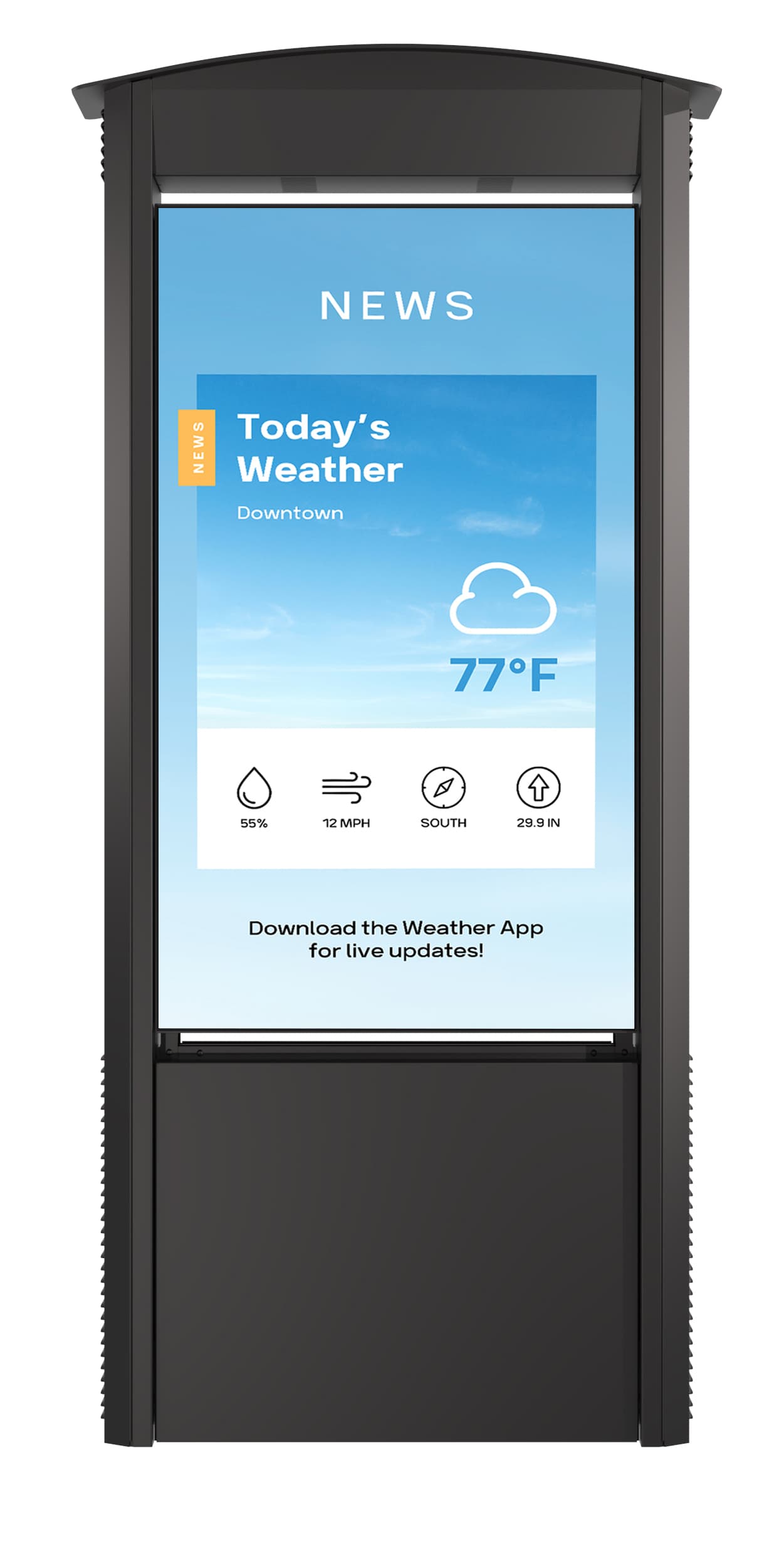 Outdoor digital signage display showcasing a weather app and news hub