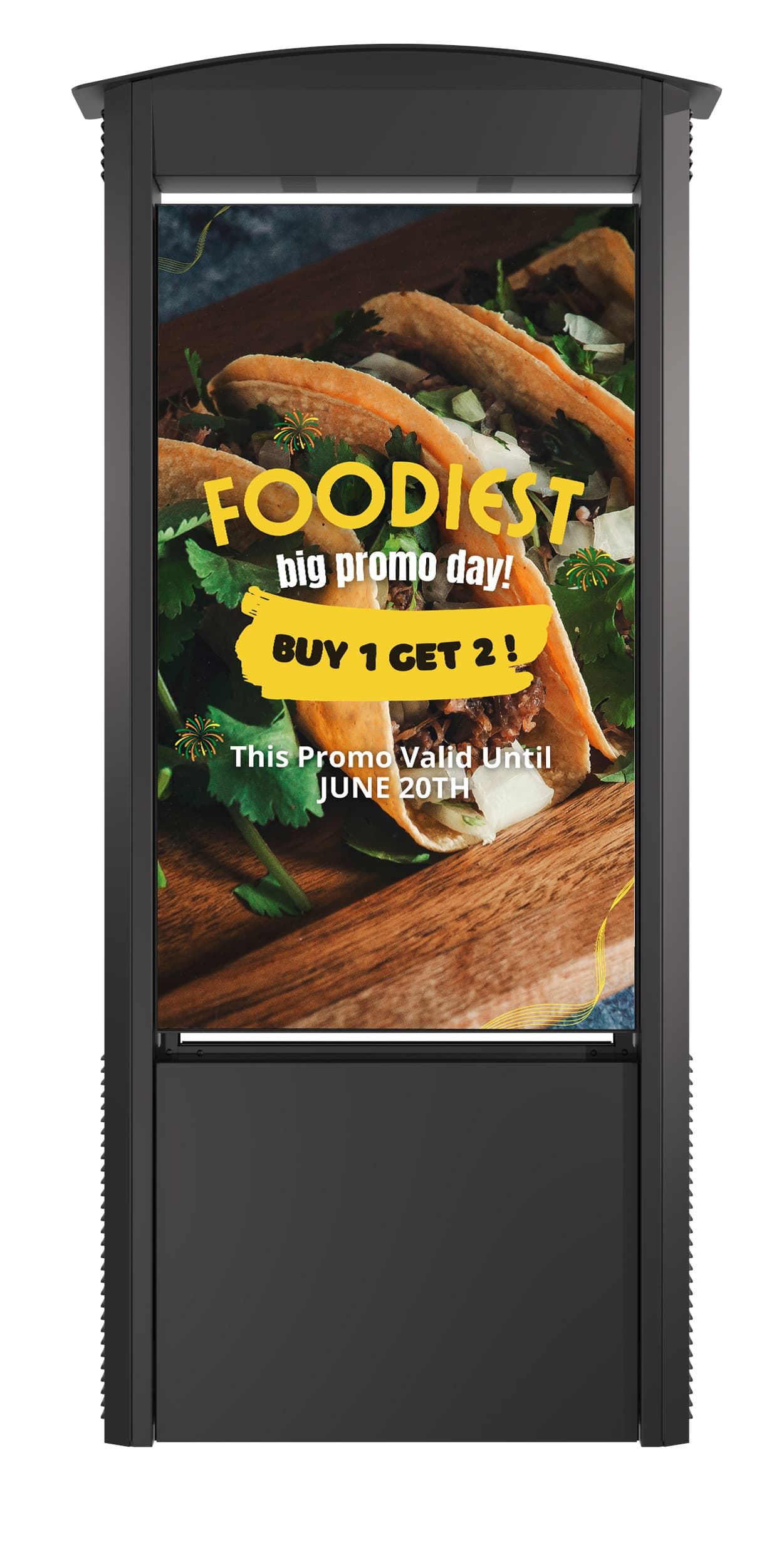 Outdoor digital kiosk showcasing a food promo graphic for a buy one get two free advertisement