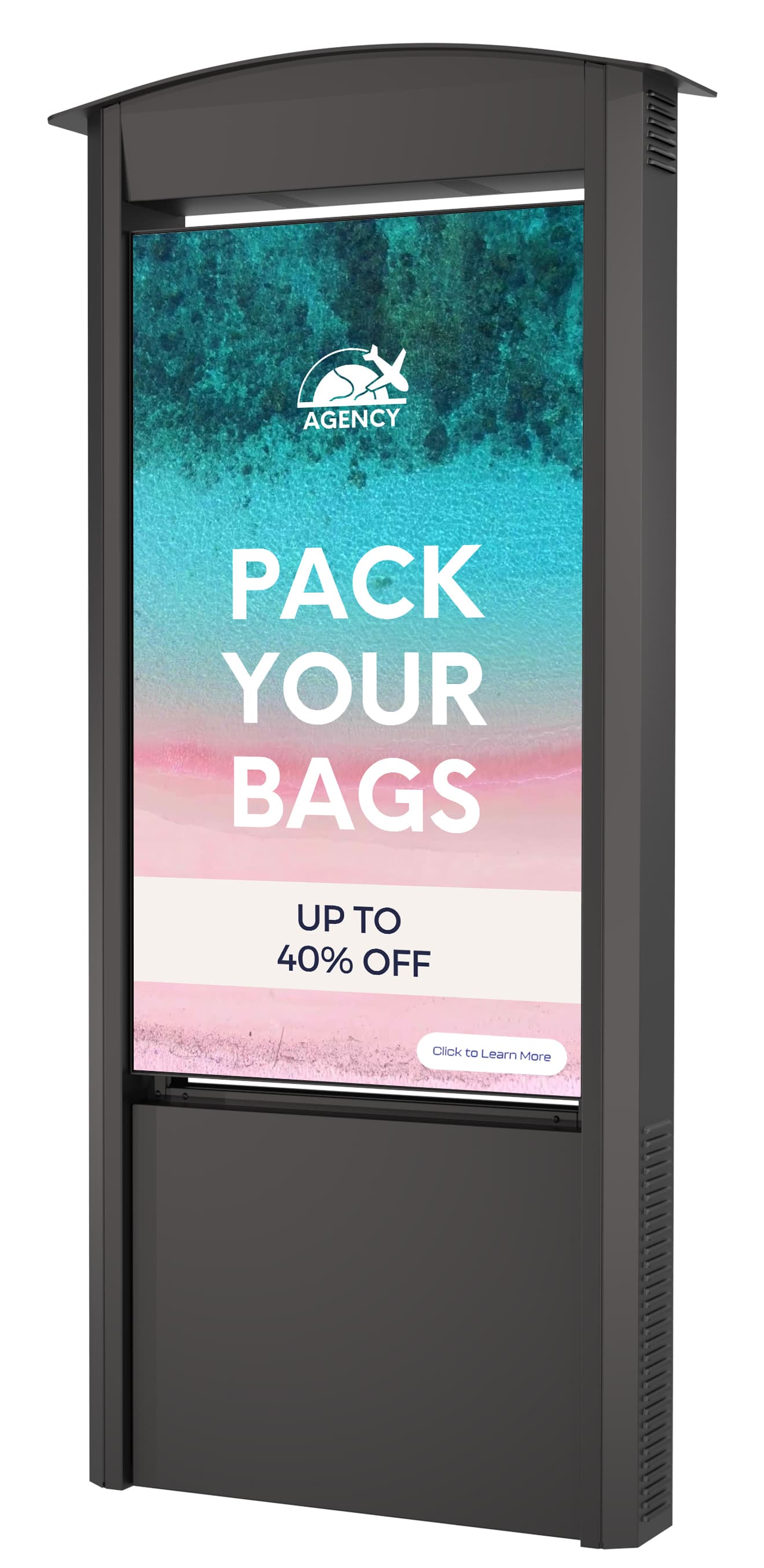 Outdoor digital signage display exhibiting an interactive touch screen advertisement for a travel agencyadversiting 