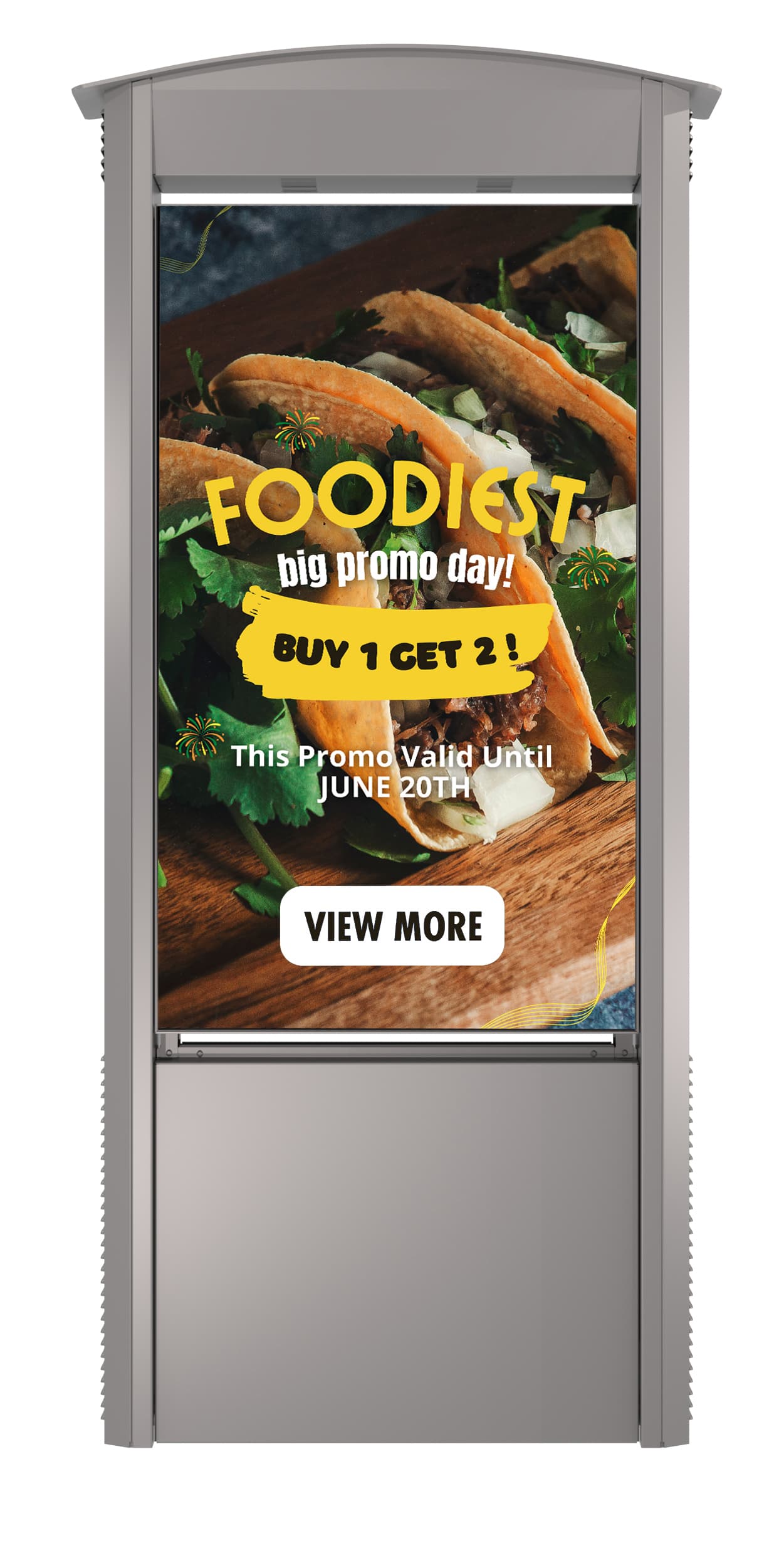 Outdoor digital signage display showcasing a graphic promotional ad for a restaurant 