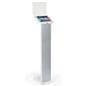 Freestanding white iPad kiosk with panel for 9.7" devices