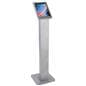 Silver rotating standing iPad floor kiosk with exposed front and rear camera holes