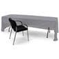 Grey 3-sided event table cloth with easy access to storage and seating from behind
