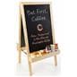 Chalkboard sidewalk sign with planter bottom is constructed of durable wood and metal