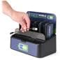 Portable battery dock charging station stores extra cables in the front bin
