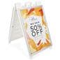White snap open a-frame sidewalk sign measures 27 inches wide by 46 inches tall 