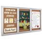 This 72 x 36 locking bulletin board has silver framing