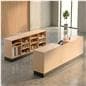 Flat top sales counter with open storage can be used on its own or as part of a larger cash wrap configuration