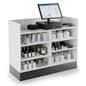 Recessed top sales counter with open storage accommodates cash registers or tablet checkouts