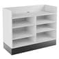 Recessed top sales counter with open storage features cord management hole on top shelf