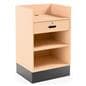 Register stand with recessed top and storage space