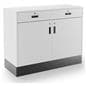 Flat top sales counter with lockable storage comes in satin white finish with durable black toe kick