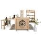 Custom-printed wooden shelf stand with 4 stationary shelving tiers