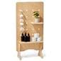 Wooden pegboard with shelves and natural wood finish 