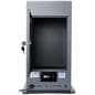 Exhibit pedestal case with video screen has storage space on the backside 