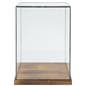 Tall wood and glass countertop display case with deep groove in base to keep cover secure