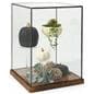 Tall wood and glass countertop display case with black copper edge detail