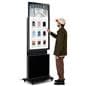 Rotating touch screen digital signage exhibiting someone using the 10pt IR touch capabilities on a retail clothing website in portrait mode