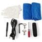 Digital display advertising floor stand with a kit shot that includes an antenna, remote, power cable, tools for assembly, micro fiber towel, and gloves