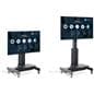 Motorized height adjustable tv stand with the stands being shown at minimum and maximum height differences