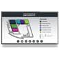 Wall mount touch screen monitor with a graphic showcasing an interactive wayfinding map of a college university