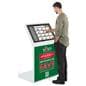 Touch screen kiosk with camera with subject interacting with the sleek white interactive unit