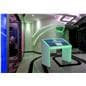 Edge lit horizontal touch screen kiosk in low-lit business lobby