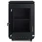 Three-sided digital signage totem with locking storage locker with shelf patrician for better organization