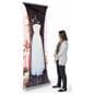 3D layered roll up banner stand features parabolic shapped front banner